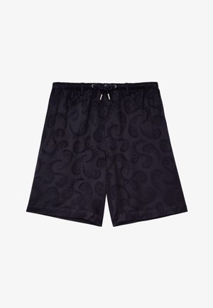 Pantaloni da nuoto blu navy con un sottile motivo a vortice, cintura elastica con cordoncino e una superficie liscia simile alla satinata. I pantaloni shorts arrivano a metà coscia.