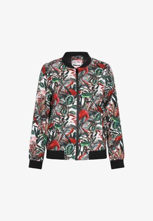 Bomber striukė su tropiniu raštu, kuriame pavaizduoti raudoni flamingai ir žali lapai. Juodi stačiakampiai rankogaliai ir juosta juosmens, užtrauktuko uždarymas.