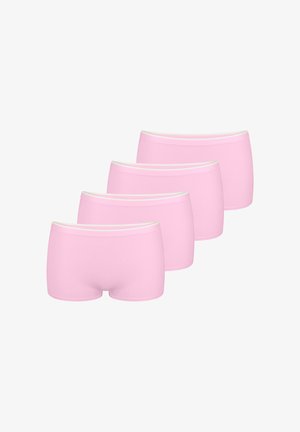 Vier paar roze katoenen hipsterbroekjes met een witte elastische tailleband, met een gladde textuur en een eenvoudig ontwerp.