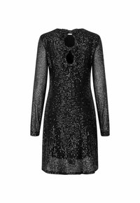 Robe noire à sequins avec manches longues, dotée d'un col rond et d'un détail dos en forme de trou de serrure. Texture lisse avec des accents scintillants.