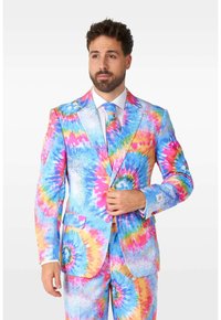 Colorful tie-dye suit featuring bright blue, pink, and yellow swirls. Includes a matching tie. Fabric appears smooth with a tailored fit.
