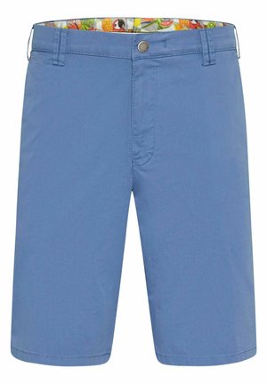 Blaue Shorts aus leichtem Material mit flachem Bund und genähten Details. Das Innere weist ein buntes Fruchtmuster auf.