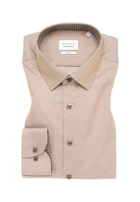 Camicia da uomo slim-fit beige con colletto interno e polsini a motivo, chiusura frontale con bottoni e polsini con chiusura a un bottone.