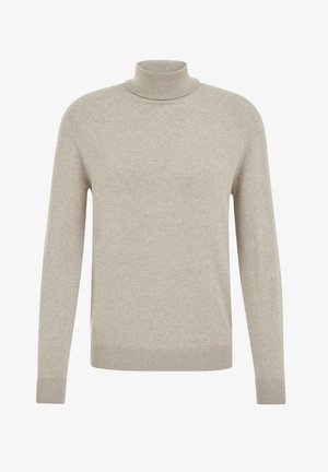 pull col roulé beige clair en mélange de coton doux, avec des manches longues et des bords côtelés aux poignets et à l'ourlet. Texture lisse, design minimal.