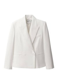 Bílý dvouřadý blazer z hladkého materiálu, s klopami, dvěma předními kapsami a jednou náprsní kapsou.