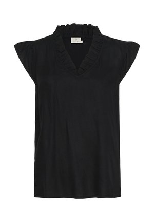 Zwarte blouse met korte, zwierige mouwen, V-hals en gerimpelde trim. Gemaakt van een gladde stof, heeft een losse pasvorm en rechte zoom.