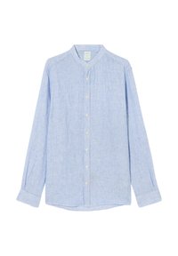 Světle modrá košile s dlouhými rukávy, vyrobená z texturované látky, s mandarinovým límečkem, předním zapínáním na knoflíky a volným střihem.