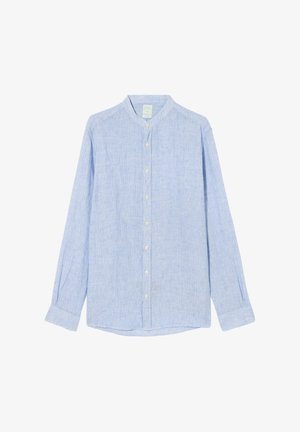 Himmelblaues, langärmliges Hemd aus strukturiertem Stoff mit Stehkragen, vorderer Knopfverschluss und lockerer Passform.