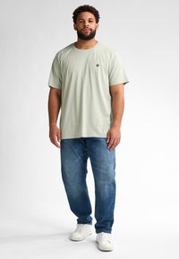 Jasnozielona bawełniana koszulka z okrągłym dekoltem, krótkimi rękawami i małym logo na piersi, w zestawie z niebieskimi dżinsami i białymi trampkami.
