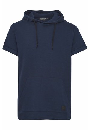 Navy blue short-sleeve hoodie with a textured fabric, featuring a front pocket and a black drawstring. Soft material with a relaxed fit.