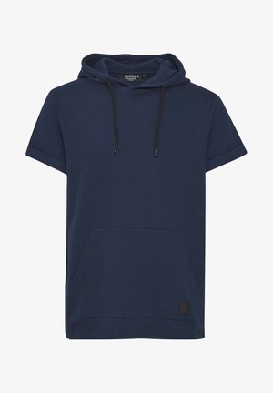 Navy blue short-sleeve hoodie with a textured fabric, featuring a front pocket and a black drawstring. Soft material with a relaxed fit.