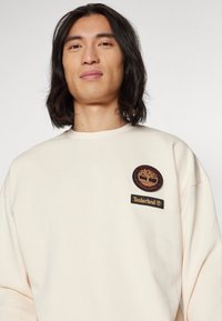 Sudadera de color crema hecha de tejido suave. Presenta un parche redondo con el logo de Timberland y una etiqueta rectangular de la marca en la parte frontal.