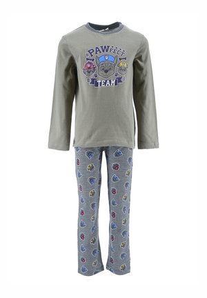 Long-sleeve grey cotton pajama top with "PAWfect Team" graphic; grey pants featuring colorful dog prints in blue, red, and yellow.