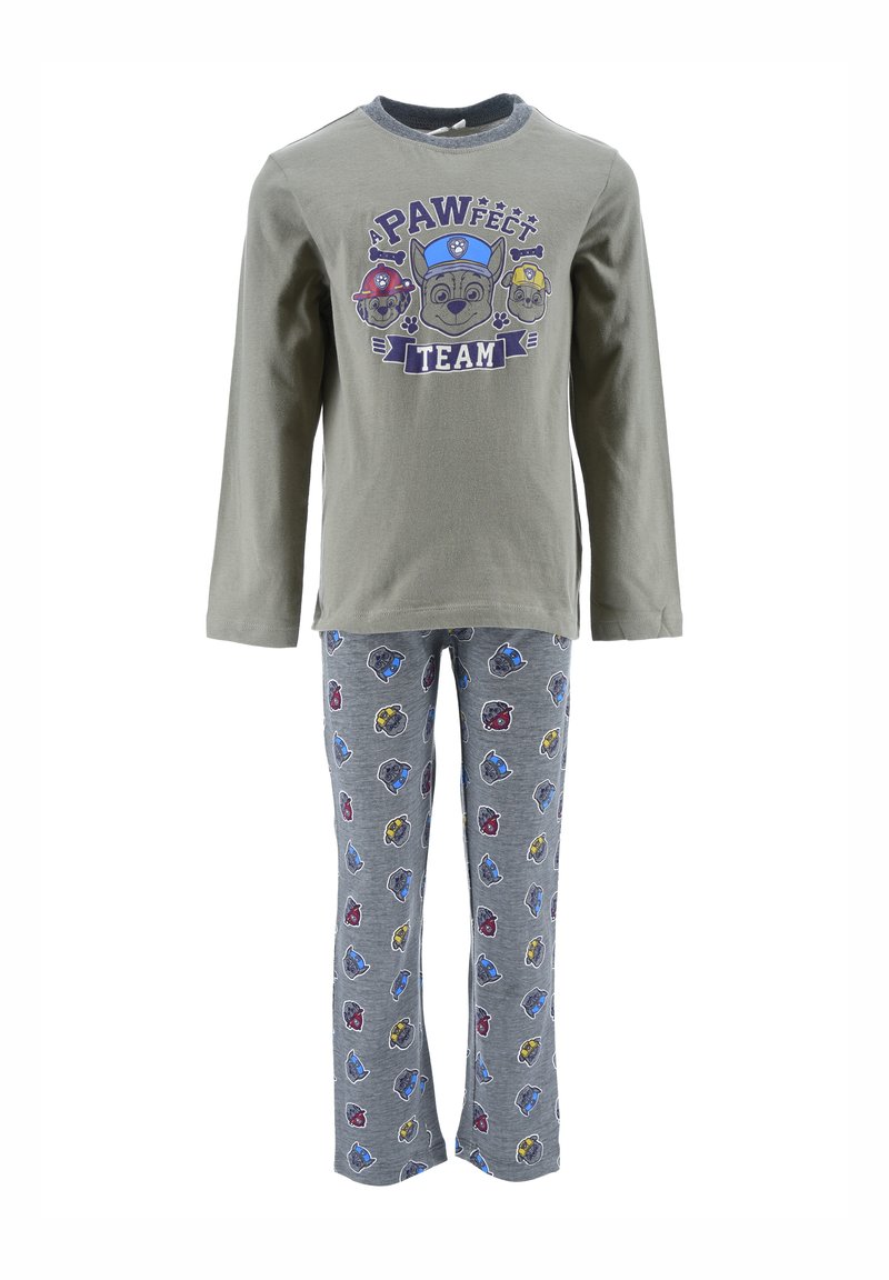 Szary bawełniany pajama z długim rękawem z grafiką "PAWfect Team"; szare spodnie z kolorowymi nadrukami psów w niebieskim, czerwonym i żółtym kolorze.