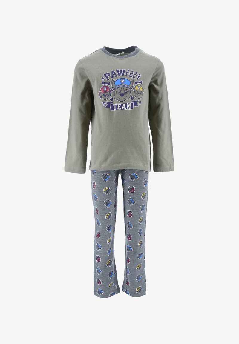 Szary bawełniany pajama z długim rękawem z grafiką "PAWfect Team"; szare spodnie z kolorowymi nadrukami psów w niebieskim, czerwonym i żółtym kolorze.