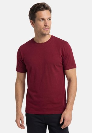 Homme aux cheveux bruns courts portant un t-shirt bordeaux uni à manches courtes et un pantalon foncé, regardant sur le côté contre un fond blanc.
