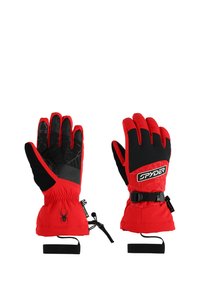 Gants de ski rouges avec des accents noirs, présentant une paume texturée, des poignets élastiques, des sangles ajustables et des détails de logo.