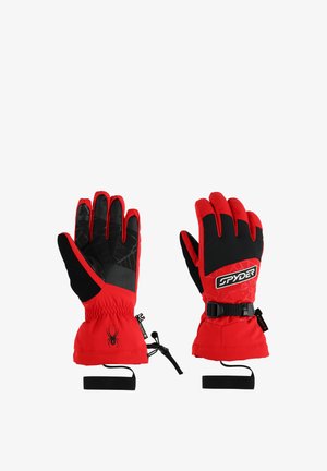 Gants de ski rouges avec des accents noirs, présentant une paume texturée, des poignets élastiques, des sangles ajustables et des détails de logo.
