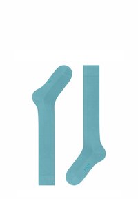 Turkusowe bawełniane skarpetki o klasycznym wzorze, z prążkowanymi mankietami i gładką fakturą; logo nadrukowane na podeszwie.