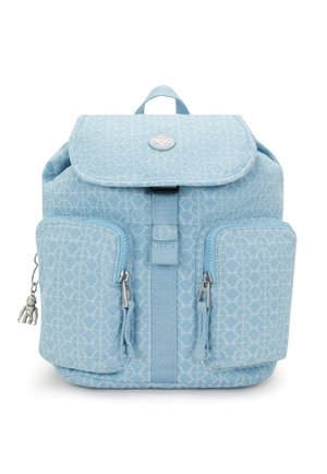 Blue fabric backpack with geometric pattern, magnetic flap, two front zippered pockets, and a decorative charm. Sturdy design with adjustable straps.