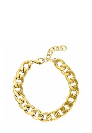 Goldfarbenes Kettenarmband mit großen ineinandergreifenden Gliedern und einem Karabinerverschluss mit verstellbarer Verlängerungskette.