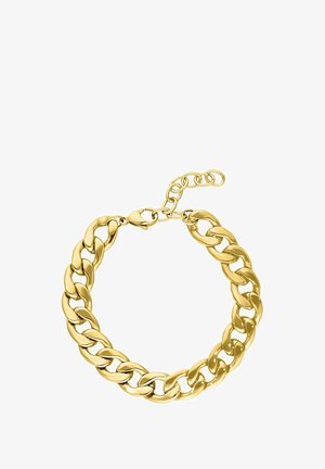 Goldfarbenes Kettenarmband mit großen ineinandergreifenden Gliedern und einem Karabinerverschluss mit verstellbarer Verlängerungskette.