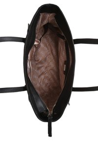 Schwarze Tragetasche mit strukturiertem Äußeren und glattem Inneren mit hellbraunem Futter und wiederholtem Logomuster. Reißverschlussverschluss enthalten.