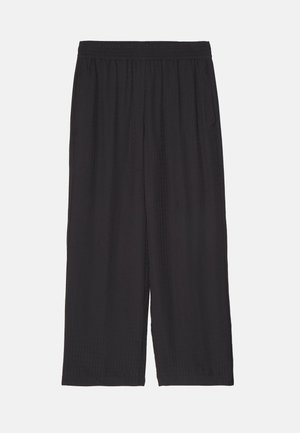 Black, wide-leg trousers with an elastic waistband, featuring vertical textured stripes and two side pockets. Made from a lightweight fabric.