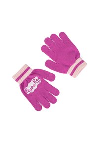 Paarse gebreide handschoenen met roze gestreepte boorden, voorzien van een wit etiket met het "Peppa Pig"-logo. Vingerloze ontwerp verhoogt de behendigheid.
