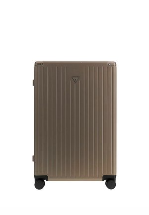 Valise rigide marron métallisé avec des rainures verticales, quatre roues noires pivotantes et un petit logo triangulaire au centre.