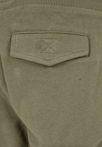 Bakficka med lock och förstärkt sömnad på olivgrön textil, troligtvis del av casual kläder såsom byxor eller shorts.