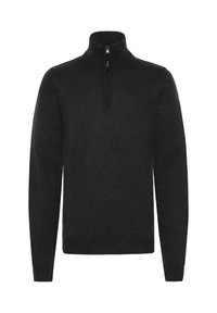 Black zip-neck sweater made of textured knit fabric, featuring long sleeves and ribbed cuffs and hem. Simple design with minimal accents.