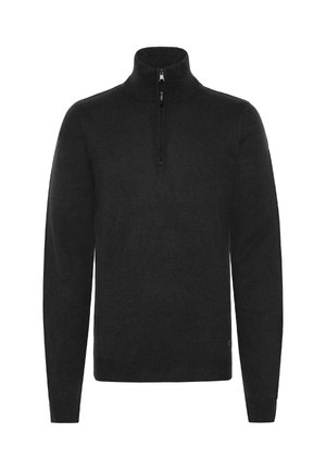 Melnā džemperis ar rāvējslēdzēju pie kakla, izgatavots no teksturētas adītas auduma, ar garām piedurknēm un ribinātām aprocēm un apakšmalu. Vienkāršs dizains ar minimālām akcentiem.