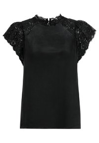 Svart blus med korta spetsärmar, rund halsringning och en slät tygkvalitet. Har en nyckelhålslåsning på baksidan.