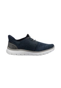 Baskets bleu foncé avec tige en maille texturée, accents gris et semelle de cushioning blanche. Présente des lacets et un col doux pour plus de confort.
