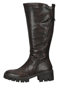 Bottes en cuir brun hautes avec un motif crocodile texturé, fermeture éclair sur le côté et semelle en caoutchouc épaisse pour la durabilité et l'adhérence.