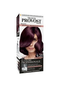 Scatola di colore per capelli permanente che presenta una tonalità viola profondo (4.26) con un modello che mostra capelli lucidi e a strati. Il testo evidenzia la qualità professionale e i benefici.