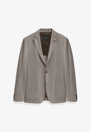 Hellgrauer Blazer aus strukturiertem Stoff. Zwei vordere Taschen und eine Brusttasche. Einreiher mit zwei Knöpfen und Reverskragen.