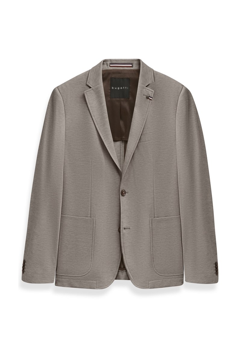 Hellgrauer Blazer aus strukturiertem Stoff. Zwei vordere Taschen und eine Brusttasche. Einreiher mit zwei Knöpfen und Reverskragen.