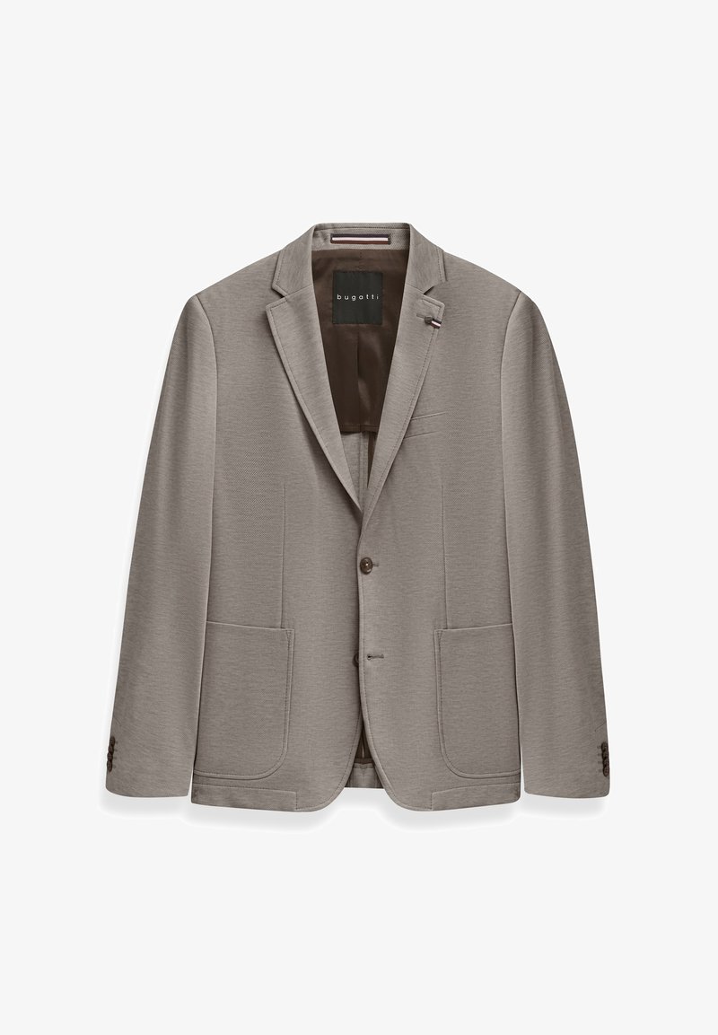 Hellgrauer Blazer aus strukturiertem Stoff. Zwei vordere Taschen und eine Brusttasche. Einreiher mit zwei Knöpfen und Reverskragen.