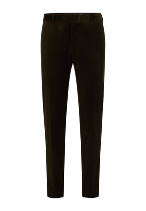 Pantaloni in corduroy verde scuro con una vestibilità slim, caratterizzati da una parte frontale piatta e passanti per cintura, rifiniti con una texture liscia e gambe affusolate.