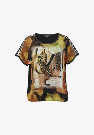 Korte mouwen top met een bloemen- en leopardprint ontwerp. Heeft een zwarte halslijn, levendige kleuren en een geprinte grafische detail.