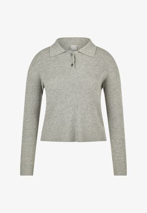 Pull en tricot côtelé gris clair avec manches longues, col et deux boutons au niveau de l'encolure, coupe raccourcie.