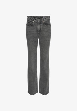 Augstas jostas taisni diegi džinsi tumši pelēkā denima, ar tradicionālām kabatām, jostas cilpām un pogu priekšā ar zīmuli.