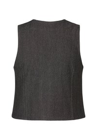 Schwarzes ärmelloses Top mit Fischgrätmuster, glatter Textur und figurbetontem Schnitt mit rundem Ausschnitt und sauberem Saum.