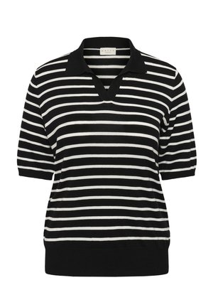 Schwarz-weiß gestreifter Pullover mit kurzen Ärmeln, schwarzem Kragen und V-Ausschnitt.