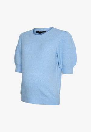 Hele sinine kootud kampsun lühikeste puffy varrukatega ja ümmarguse kaelusega, pehme tekstuuriga ja keha järgiva alumise äärega.