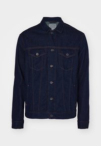 Blå denimjacka med knäppning, två bröstfickor, kontrasterande orange sömmar och krage. Normal passform, långa ärmar.