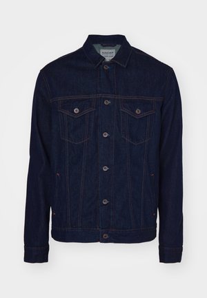 Niebieska kurtka dżinsowa z zapięciem na guziki, dwoma kieszeniami na klatce piersiowej, kontrastowymi pomarańczowymi szwami oraz kołnierzykiem. Regularny krój, długie rękawy.