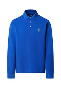 Blaues Langarm-Polohemd aus Baumwolle, mit einem klassischen Kragen, drei Knöpfen und einem kleinen gestickten Logo auf der Brust.